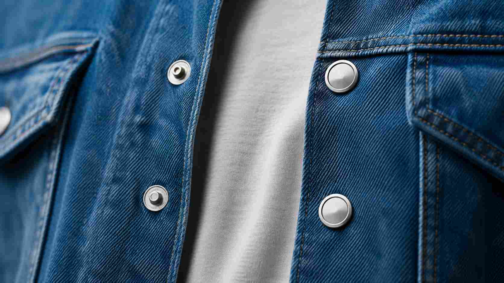 jeans button snap buttons, The jeans button snap buttons are installed along the front of a blue denim jacket.